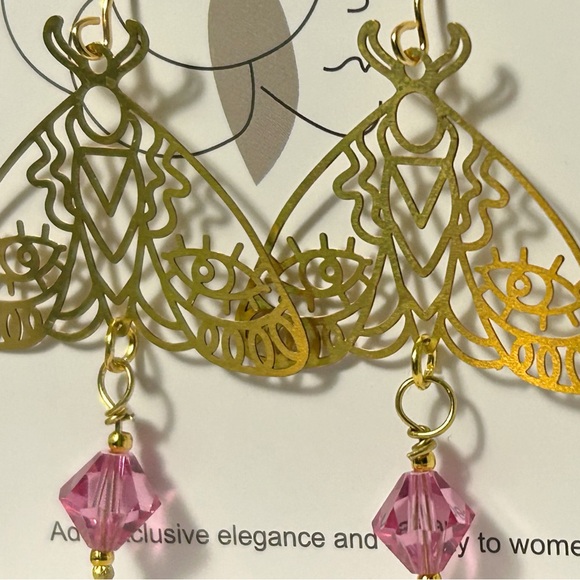Boho Moth Earrings with Pink Swarovski Crystals - Picture 7 of 8